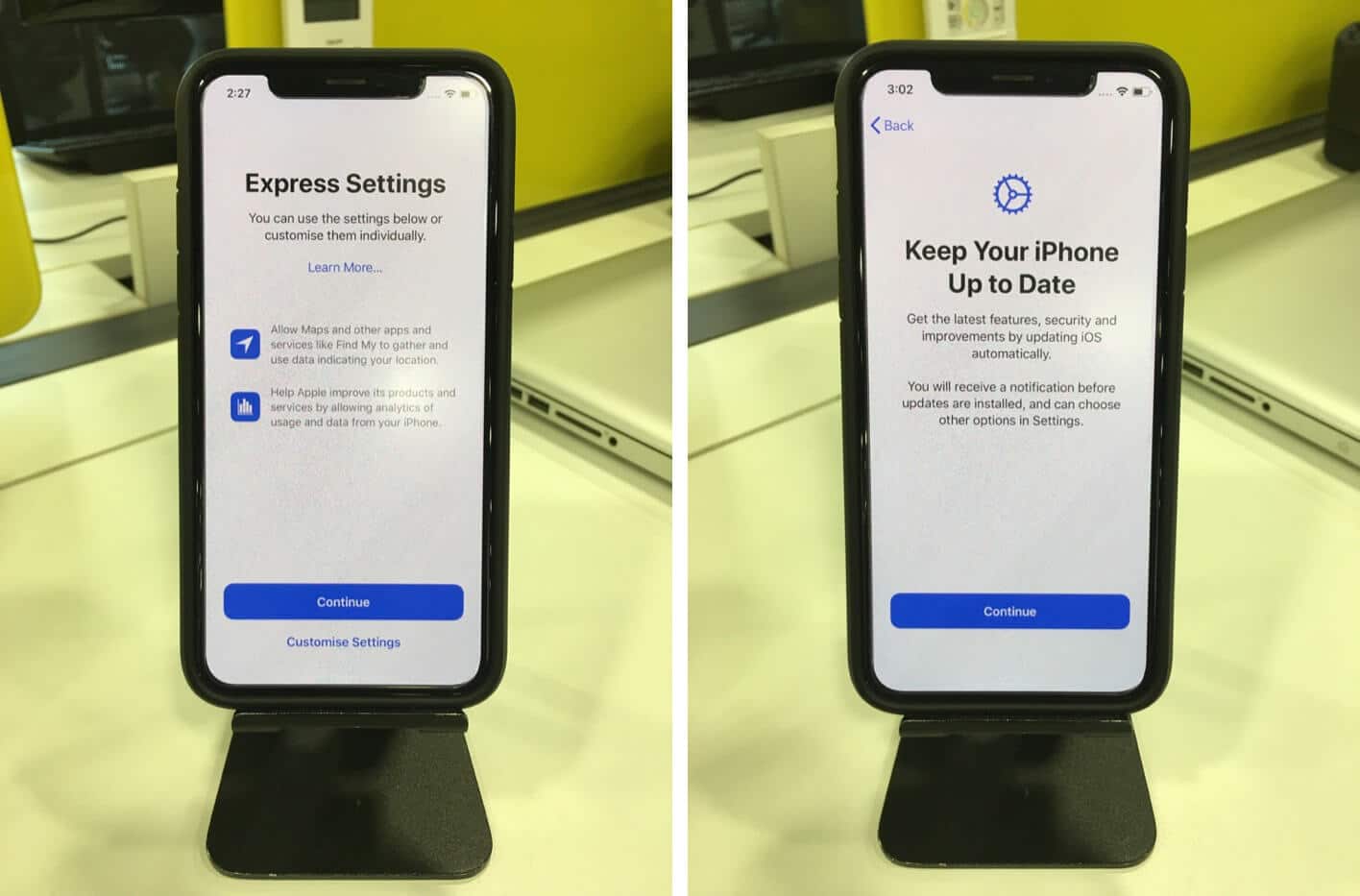 tap on continue for express settings and then tap on continue for keep your iphone up to date