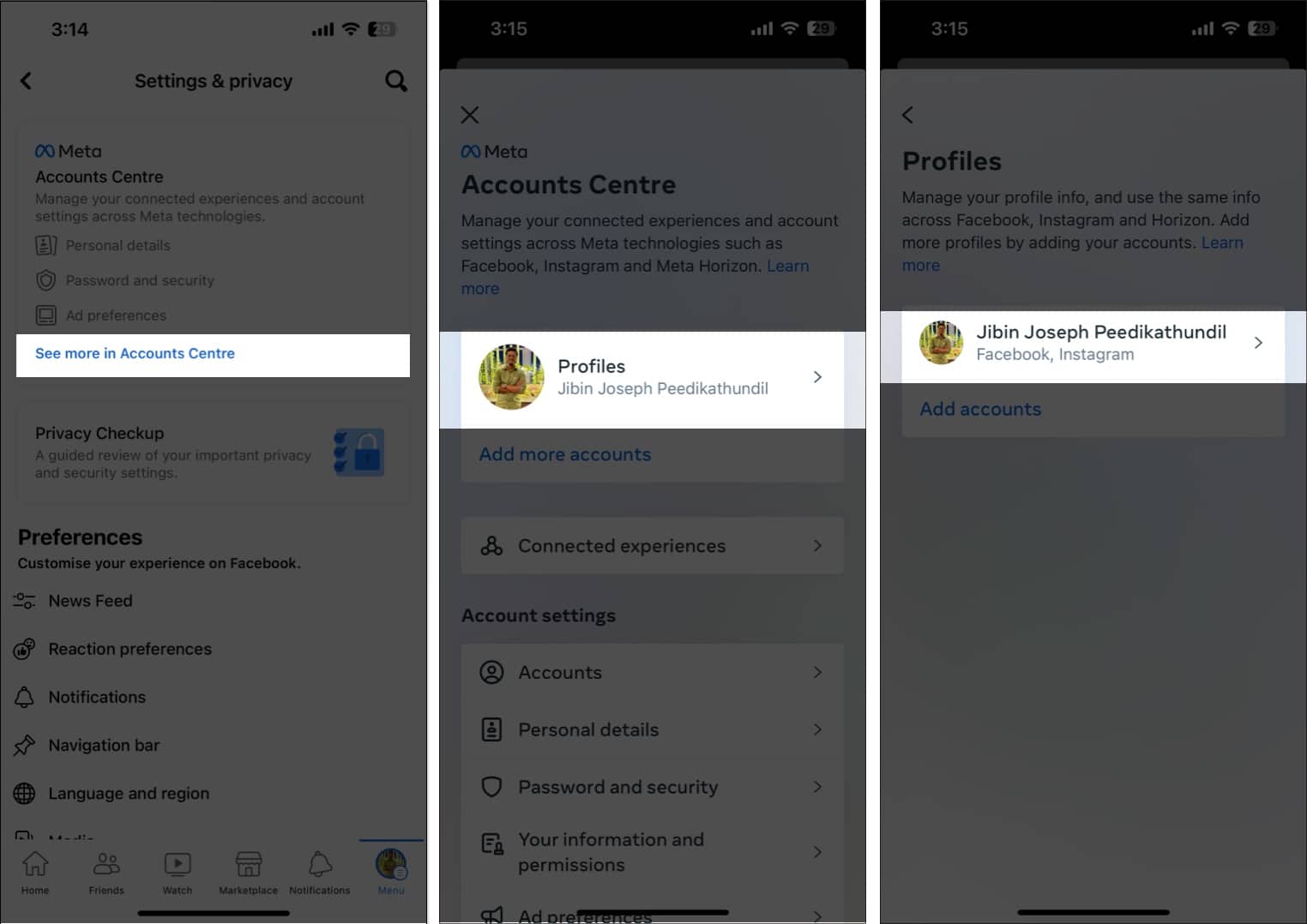 Access accounts centre, tap your profile, select the profile in the facebook app
