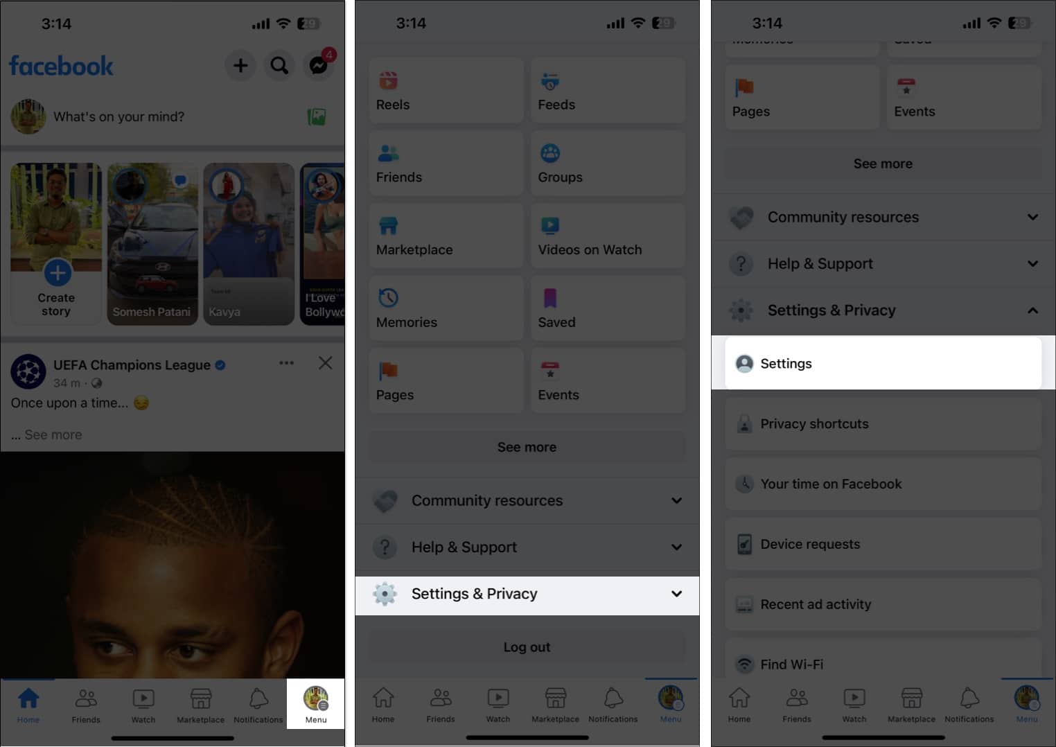 Tap menu, settings & privacy, settings in the facebook app