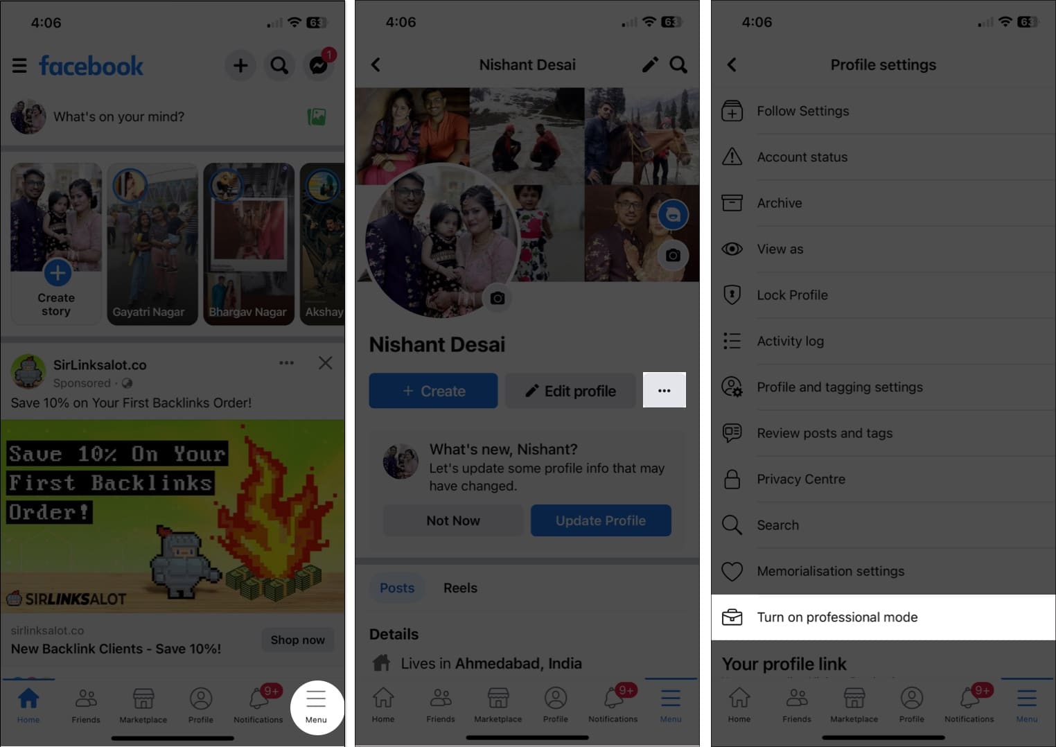 Tap the menu icon, three-dot icon, turn on professional mode in facebook