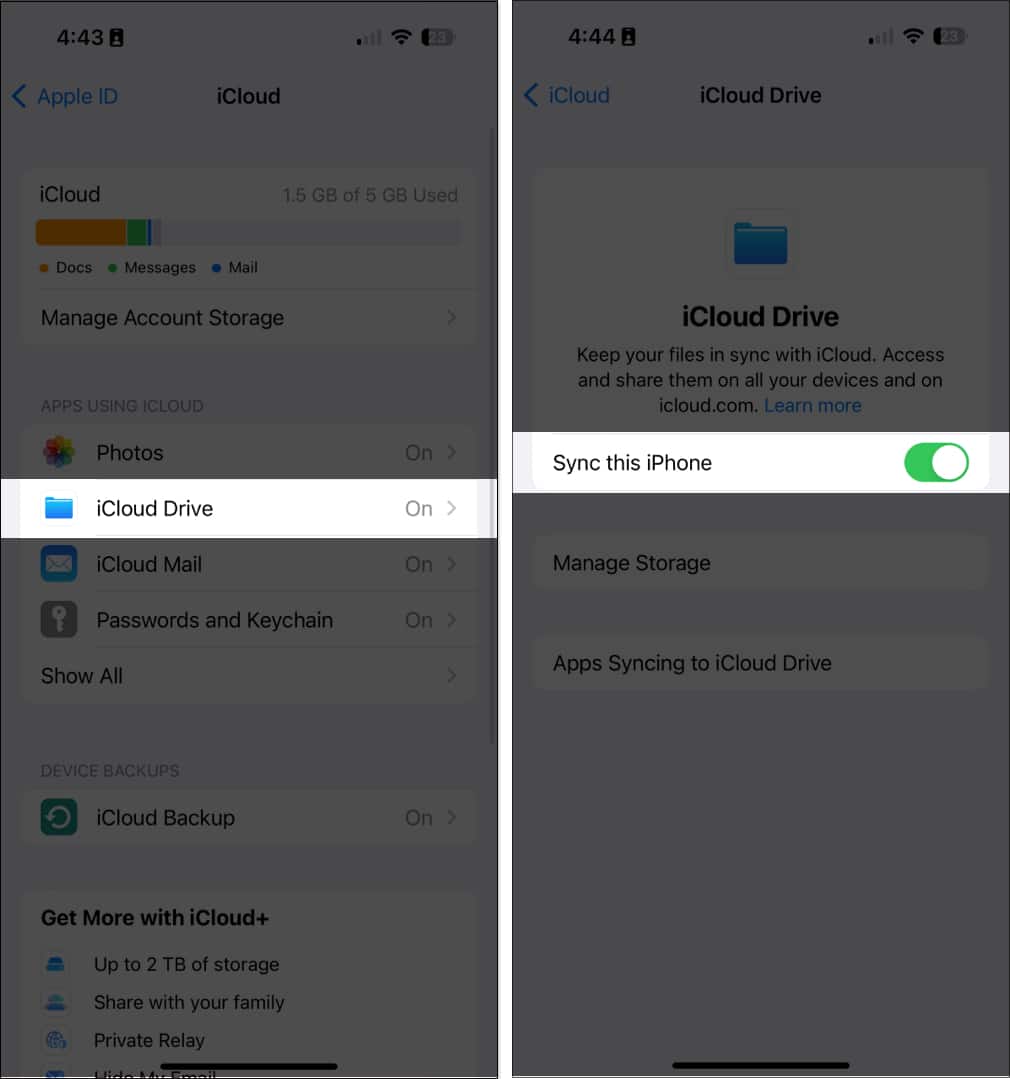 Turn ON Sync this iPhone in iCloud Settings