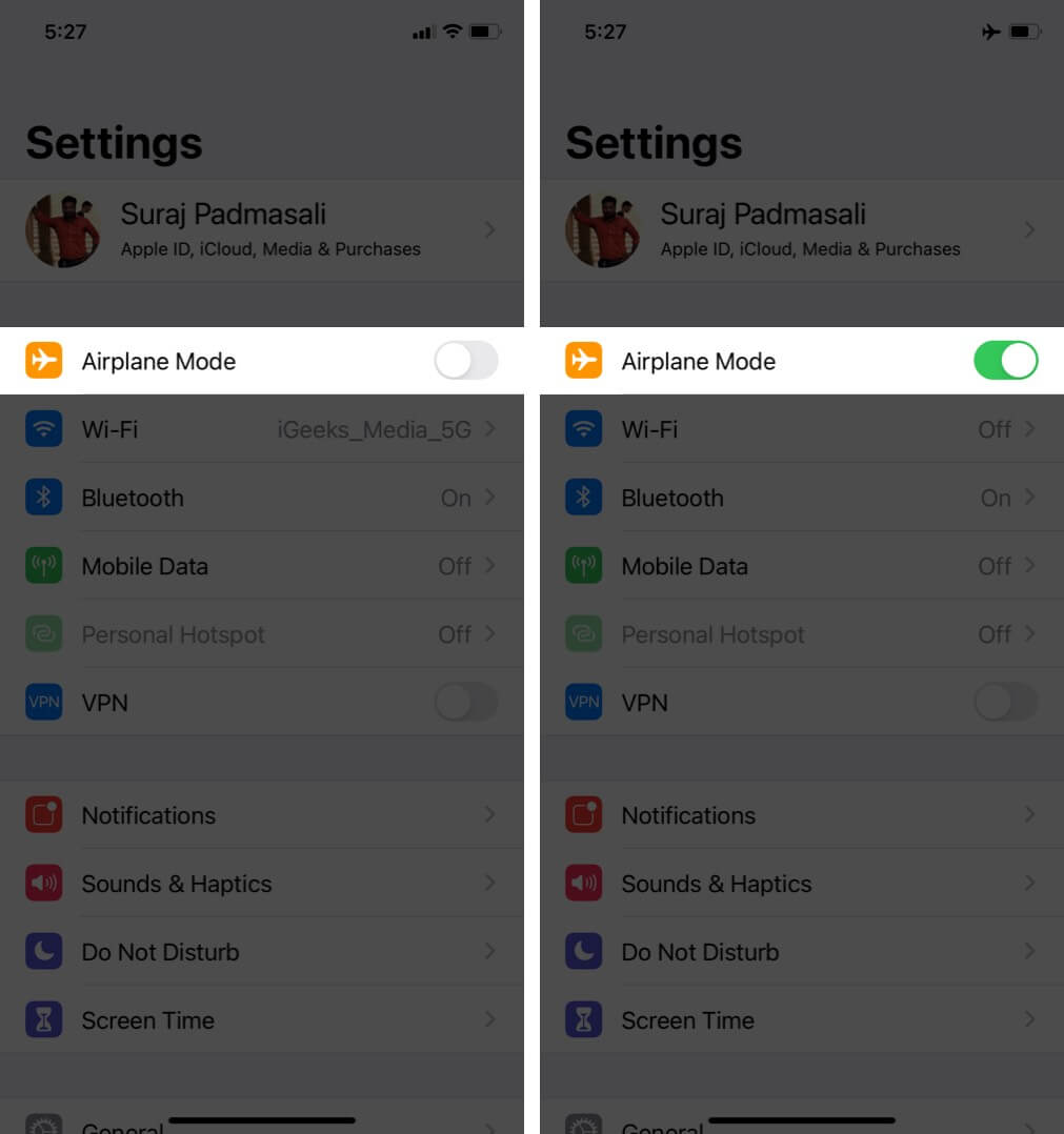Turn on off Airplane Mode from iPhone Settings