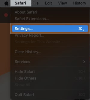Go to Safari in menu bar, select Settings