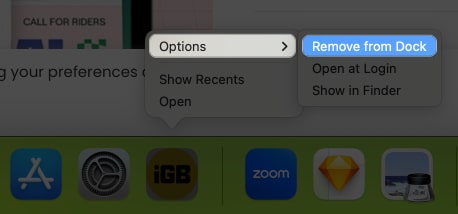 Click options, remove from dock