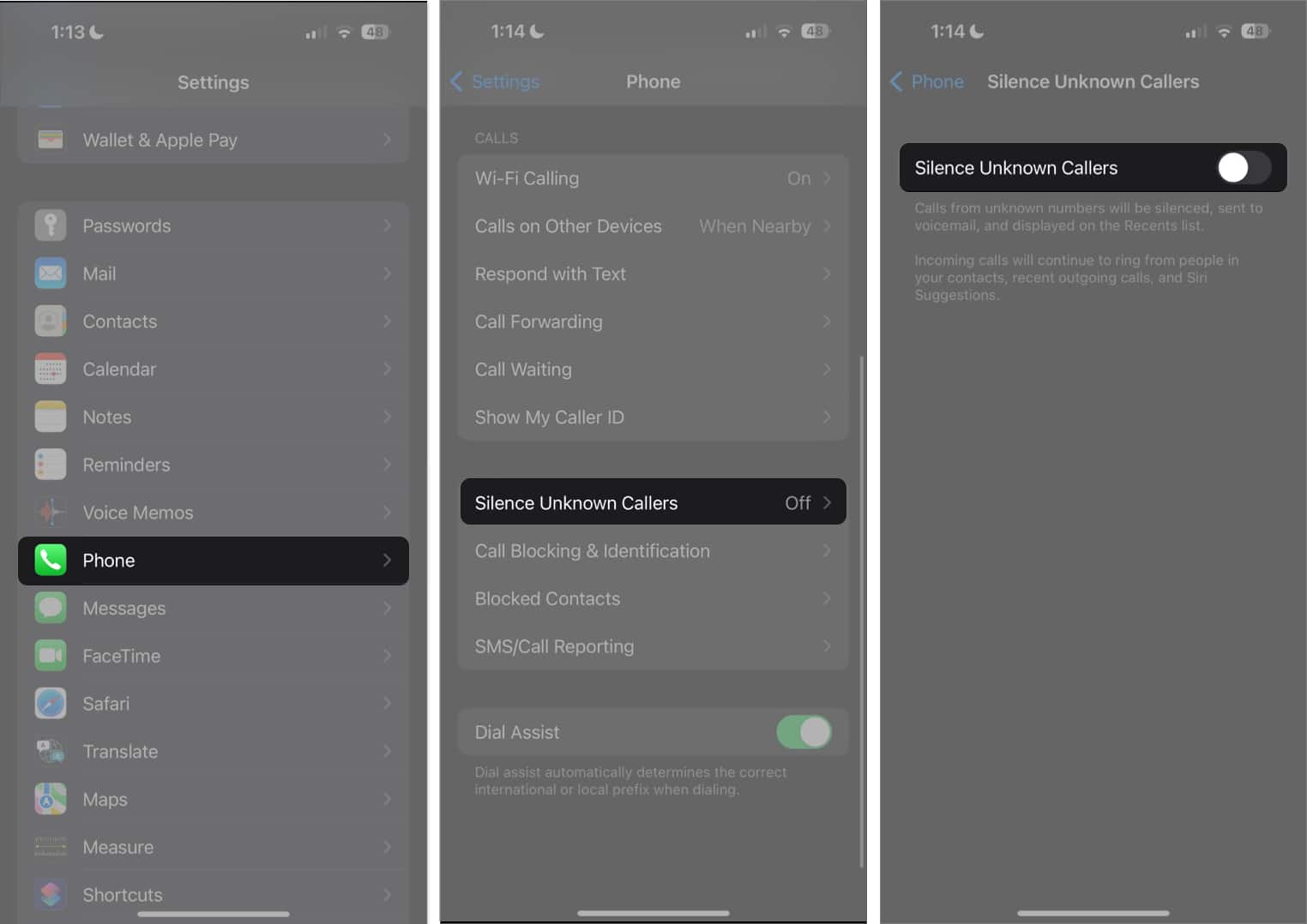 Silence Unknown Callers option in iPhone Settings app on iOS 17.