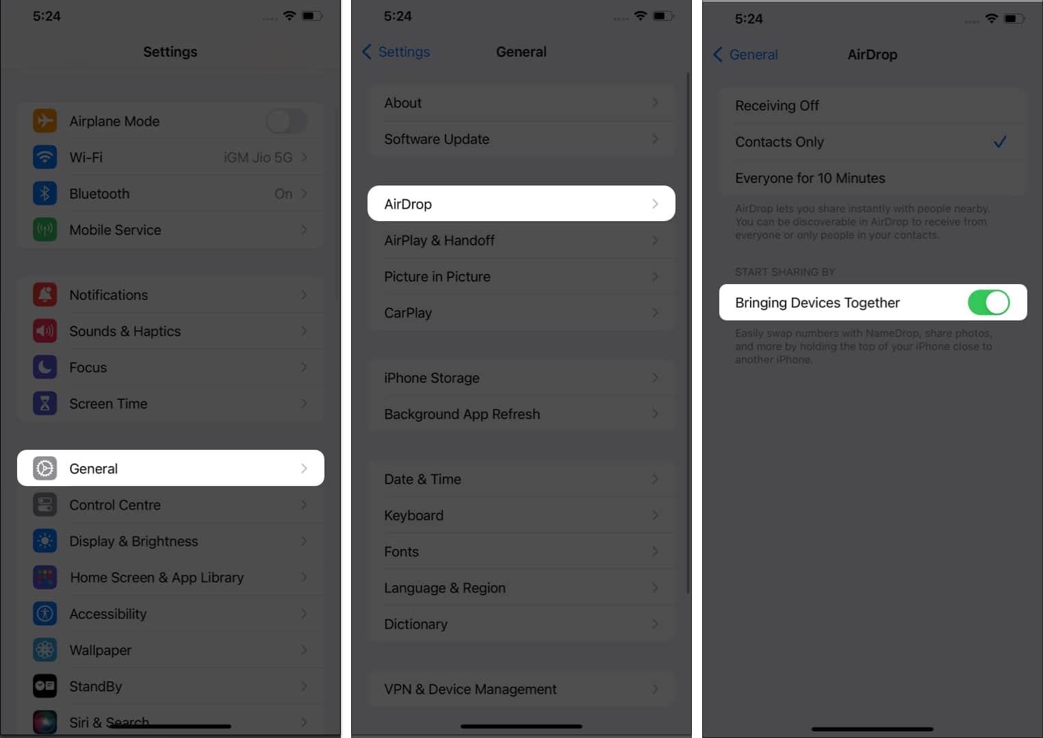 General, AirDrop, Toggle on Bring devices Together