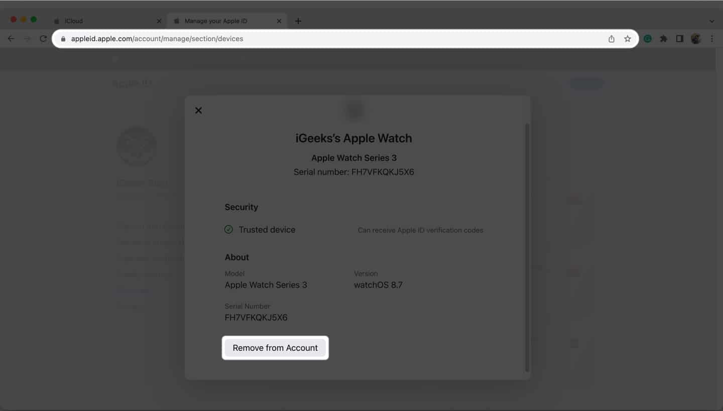 Use Apple ID account page to remove a device