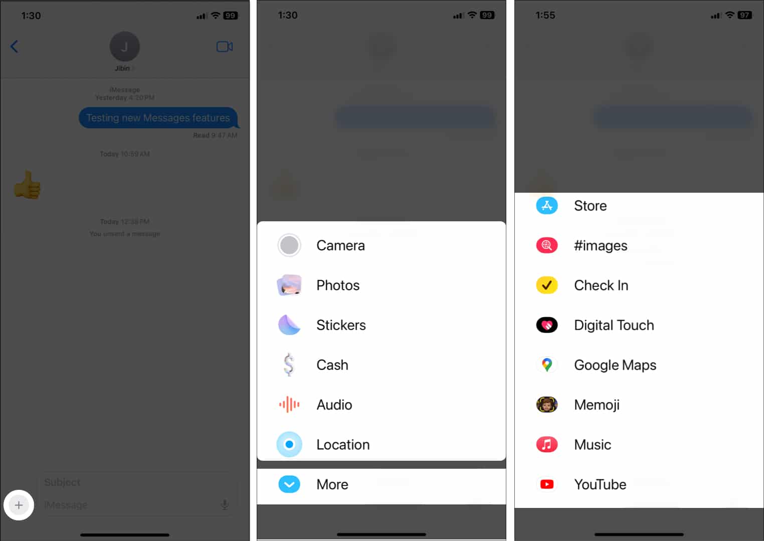 Tap + icon, select features, tap more, access more apps in iMessage