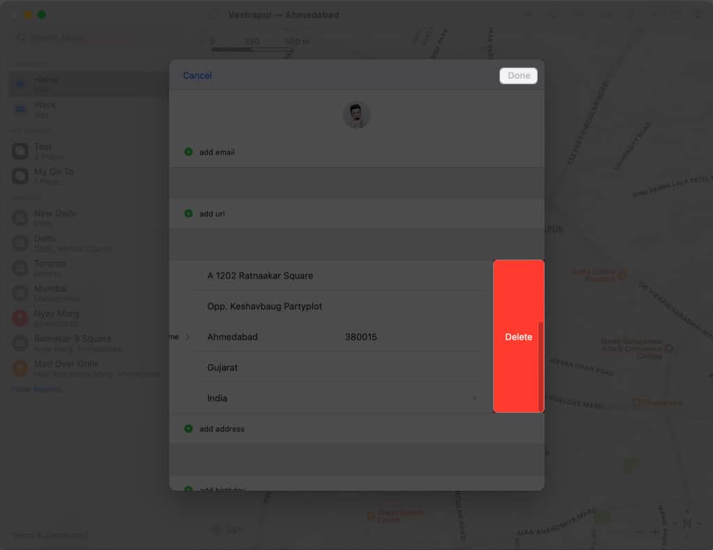 Click Done to remove the address