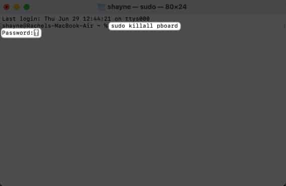 Enter sudo killall pboard and press return