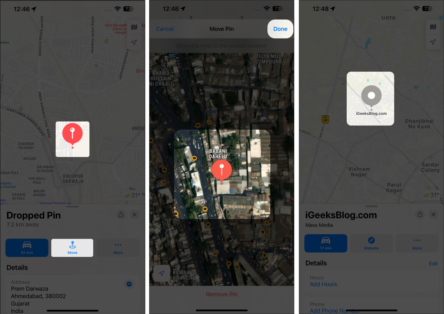 Long-press a location, tap more, tap done, to pin a location in Apple Maps