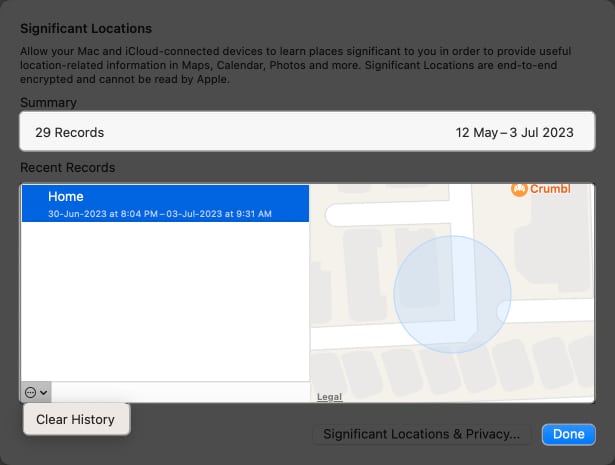 See Summary, recent records and clear history in Significant locations