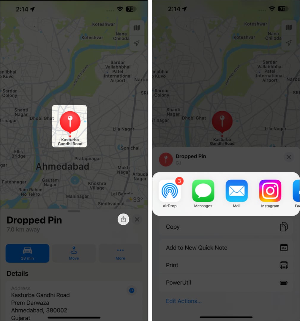Select a location, tap the share icon in Apple Maps