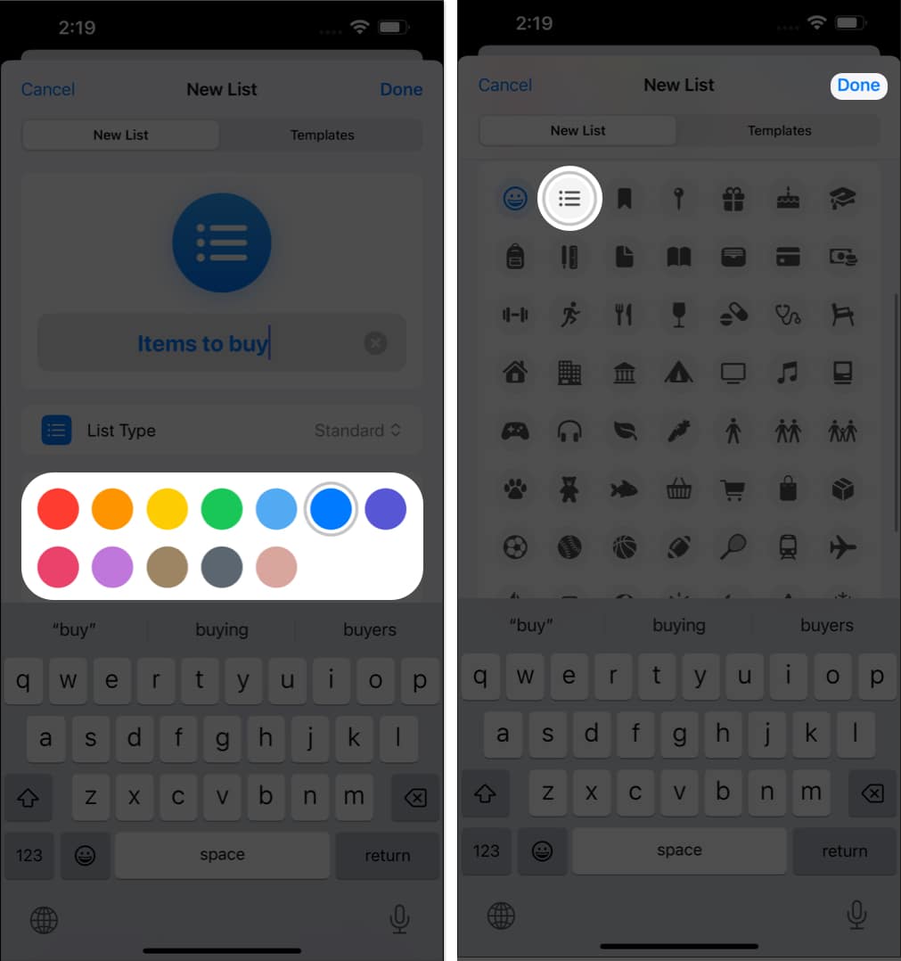 Select colors, icon, tap Done in reminders