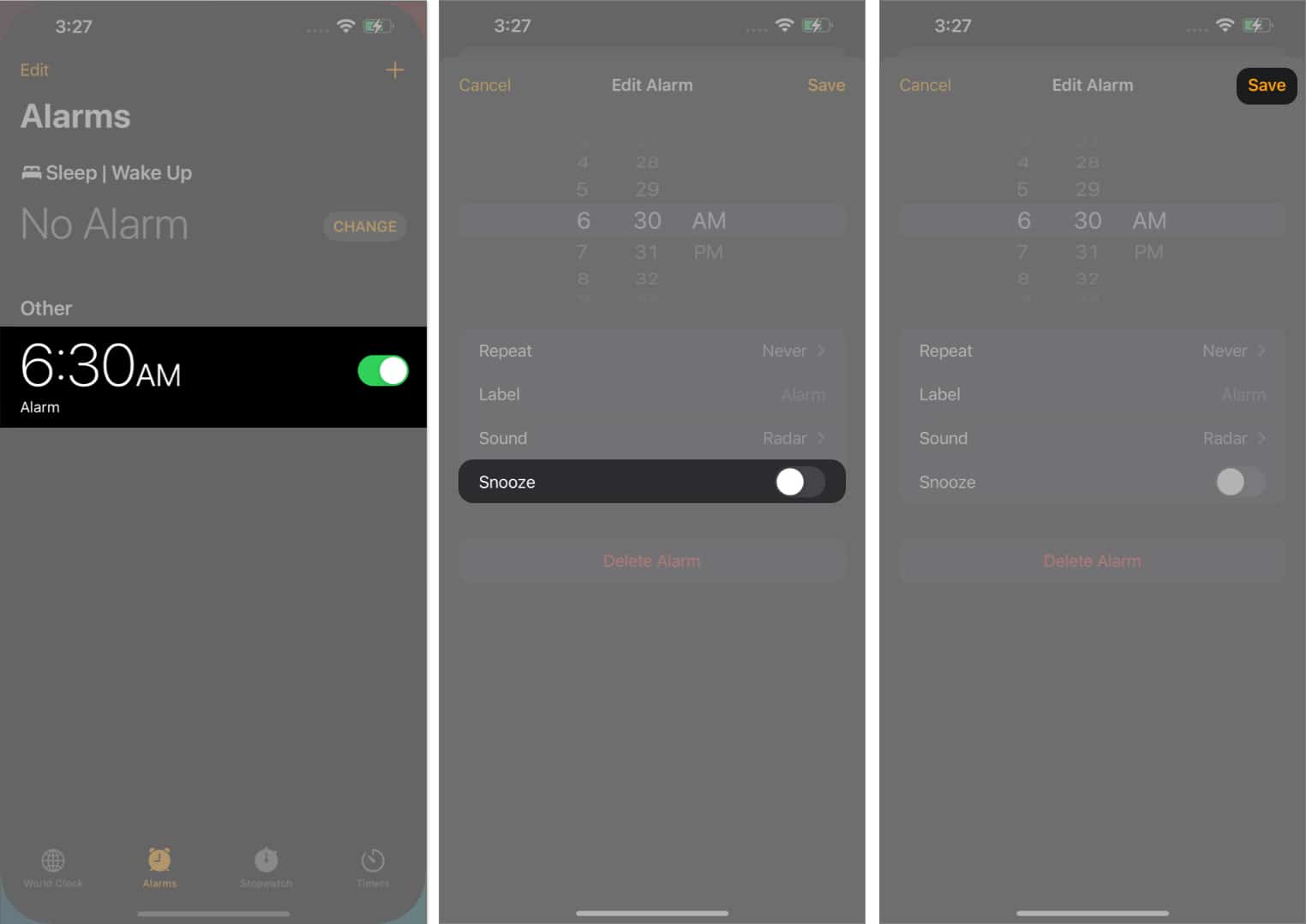 Select the alarm, toggle off snooze option, tap Save