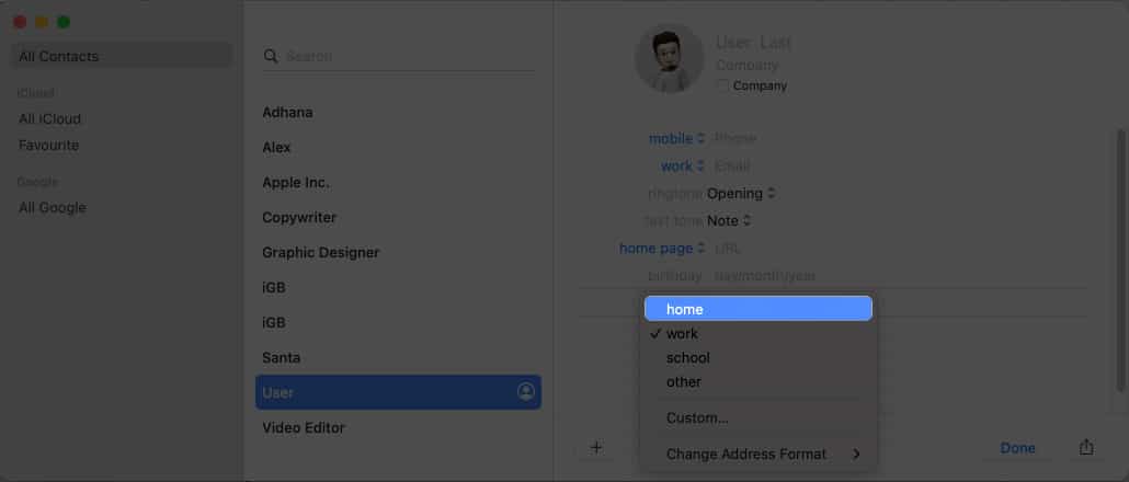 Select Home in your contact card