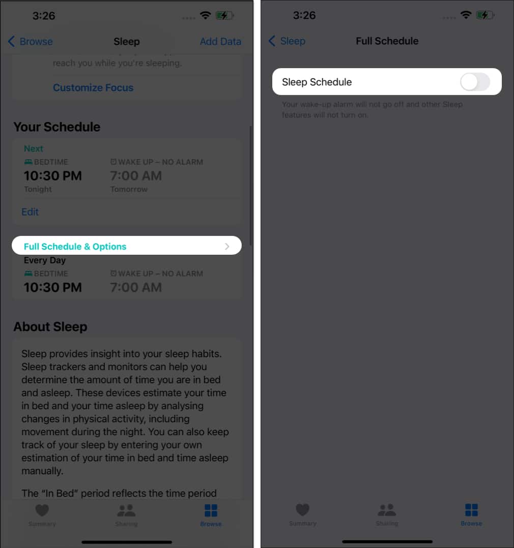 Tap Full Schedule & Options, sleep schedule