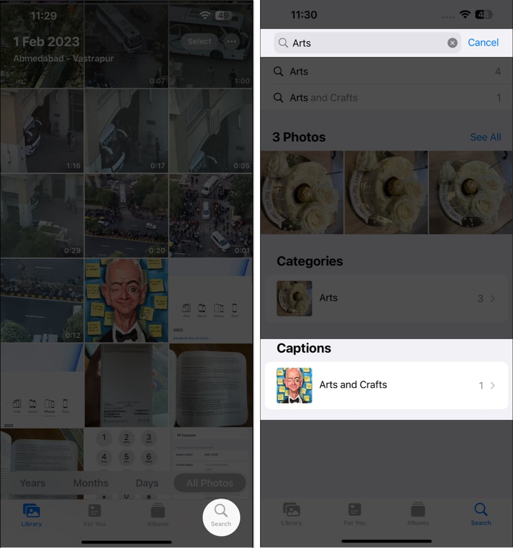 Tap search icon, search with keywords in photos app