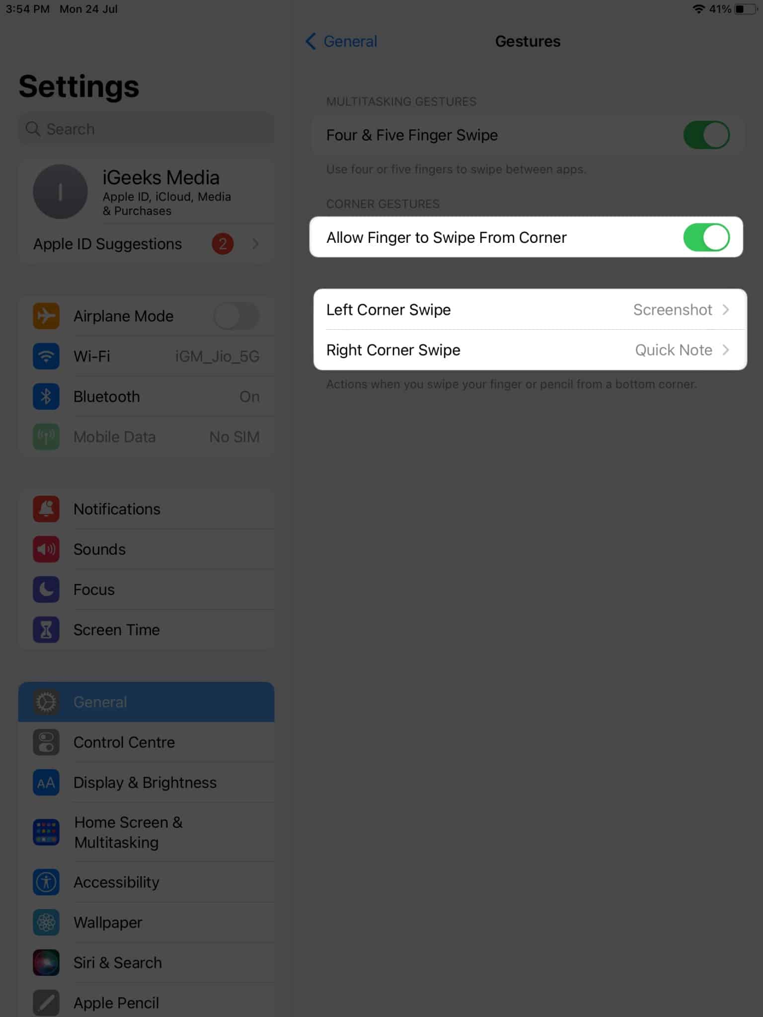 Toggle on Allow Finger to Swipe From Corner Left Corner Swipe and Right Corner Swipe in iPad settings