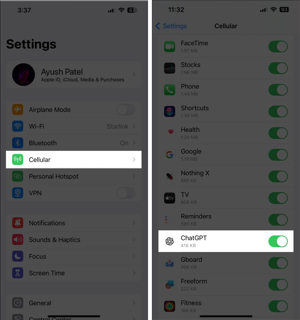 Toggle on Cellular data