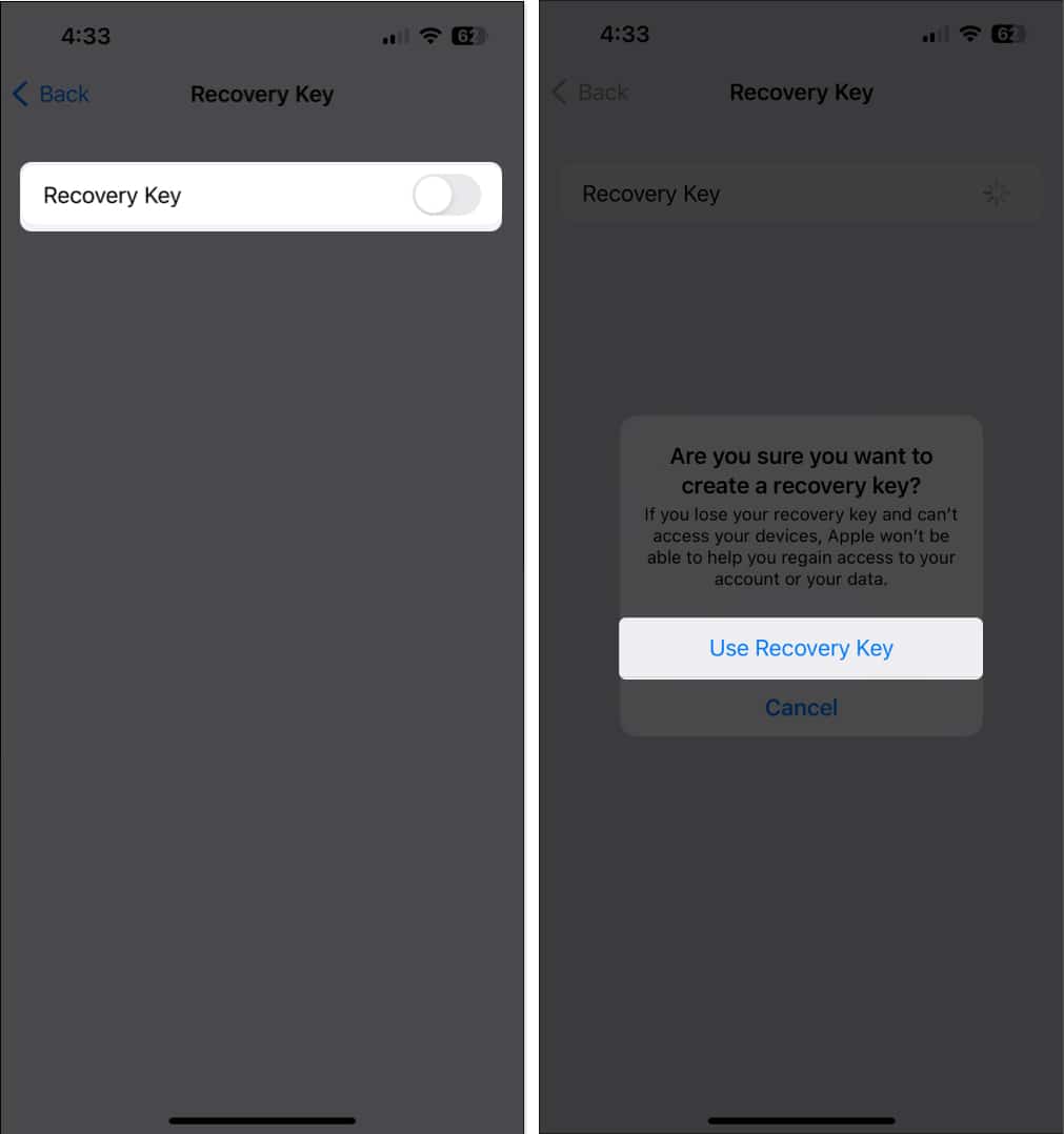 Toggle on Recovery Key and Tap on Use Recovery Key
