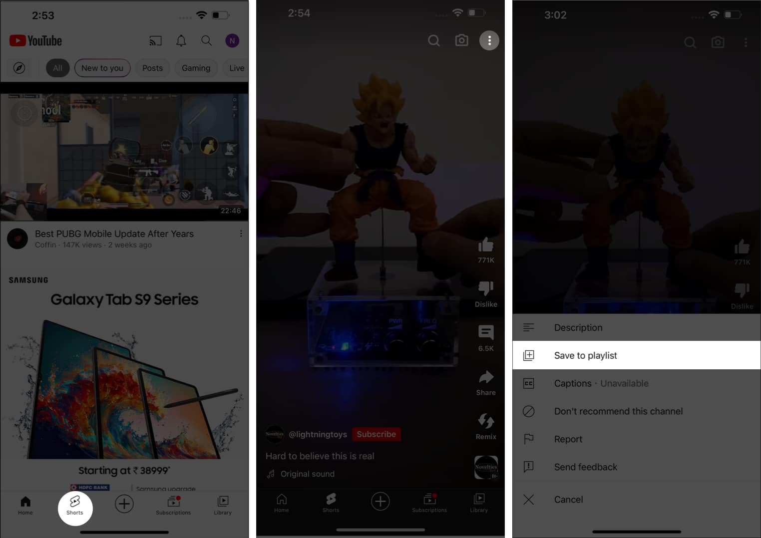 Access Shorts, tap three-dot icon, save to playlist in YouTube
