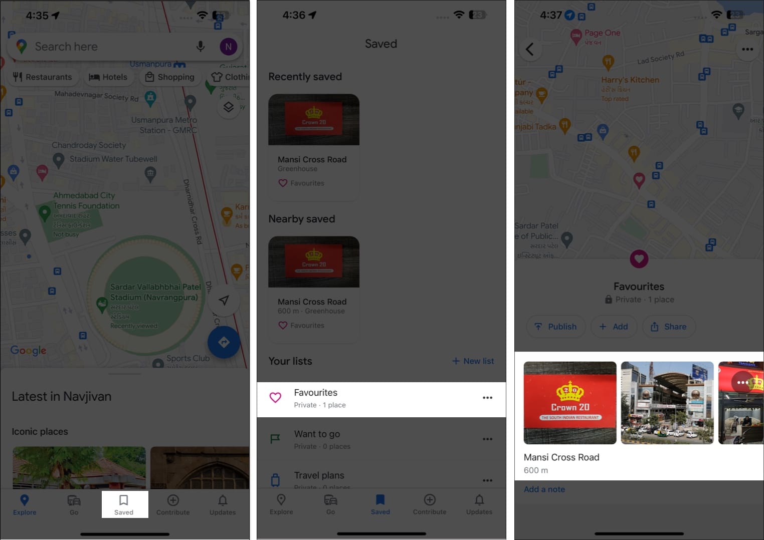 Access saved menu, select favorites, choose a location in google maps