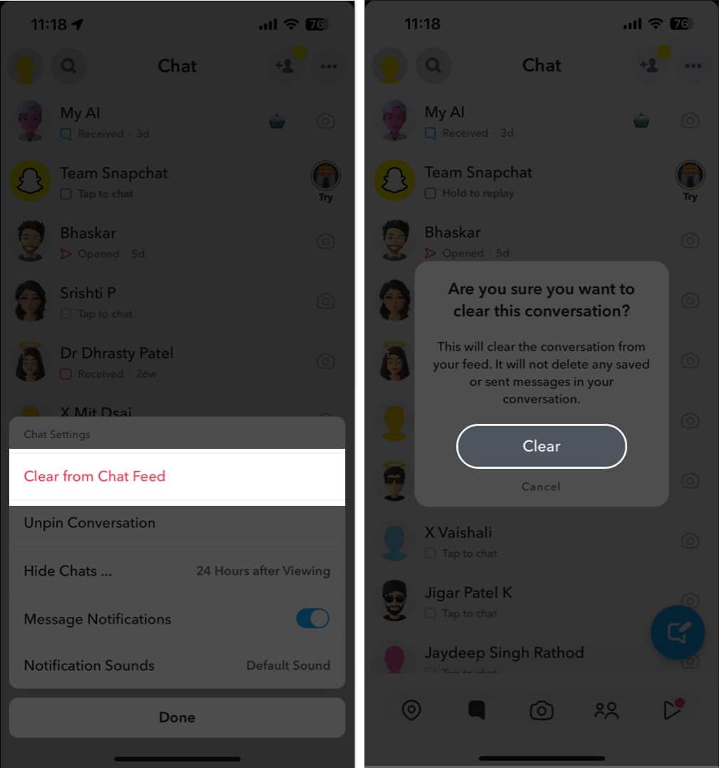 Choose Clear from Chat Feed and tap Clear
