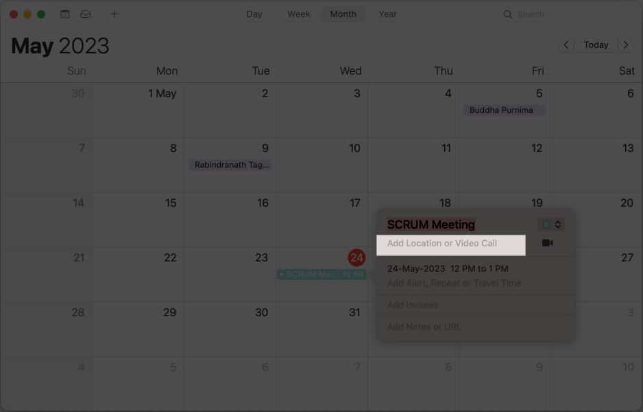 Click Add Location or Video Call in Calendar on Mac