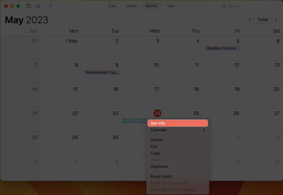 Click Get Info for the event in Calendar on Mac