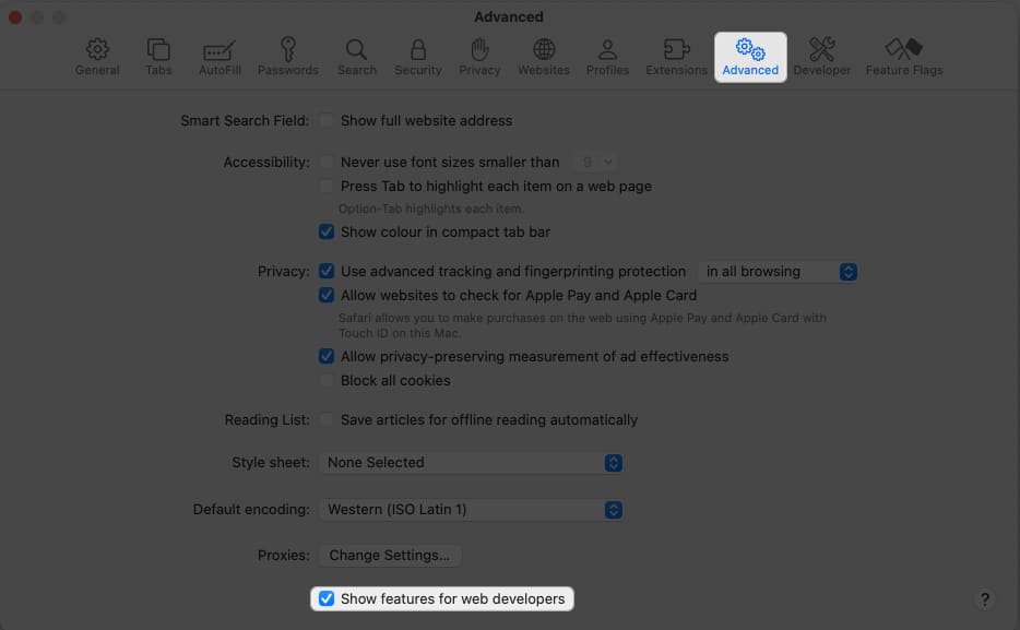 Click advanced, Show features for web developers in Safari
