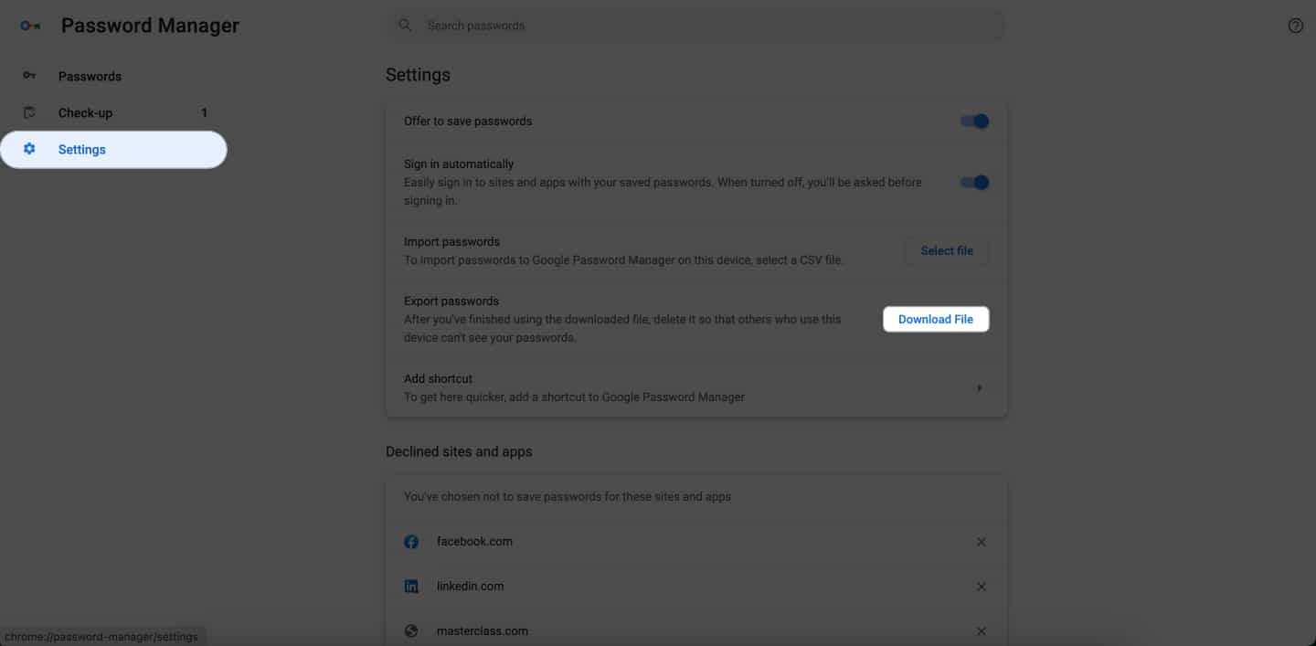 Click settings, download file to export passwords