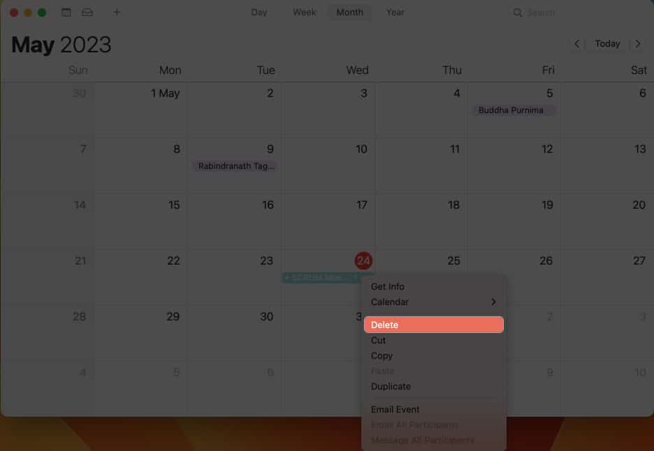 Click the delete option to delete the even in calendar on Mac