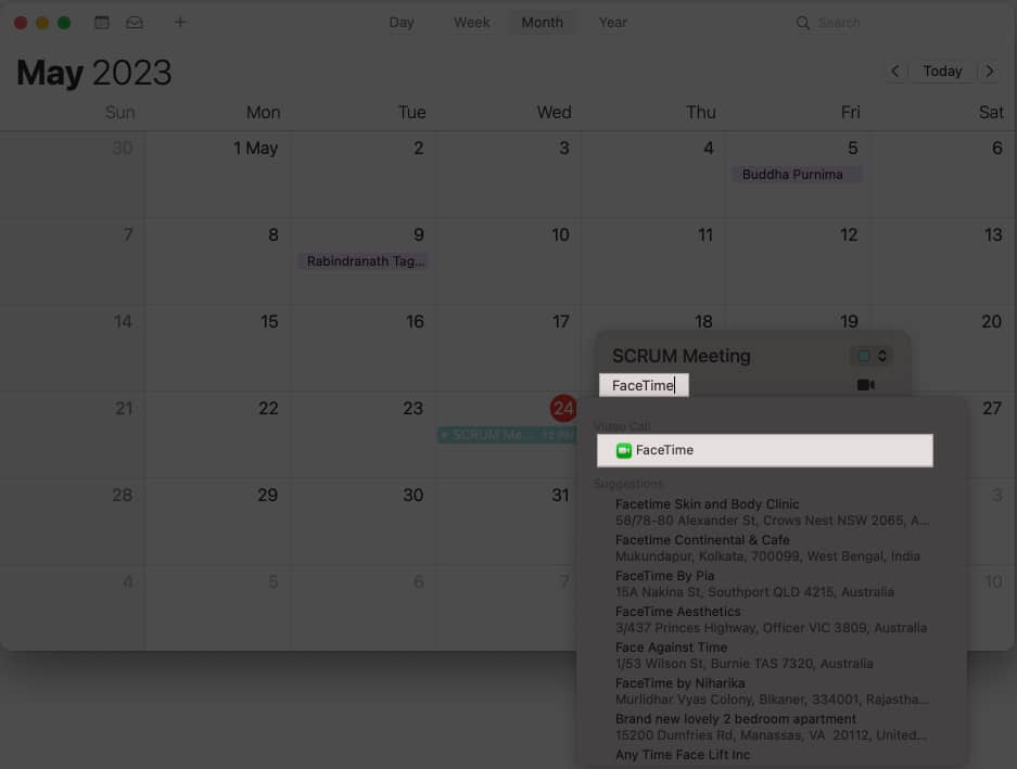 Search FaceTime and select the same in calendar on Mac