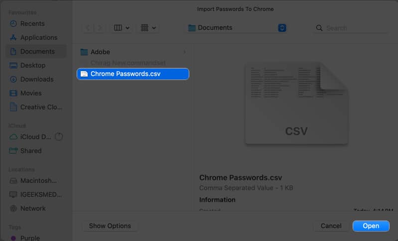 Select the csv file open from documents