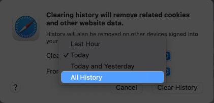 Select the time to clear history in safari