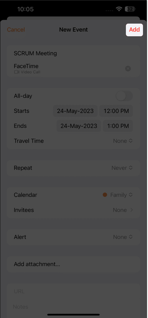 Tap Add in Calendar app