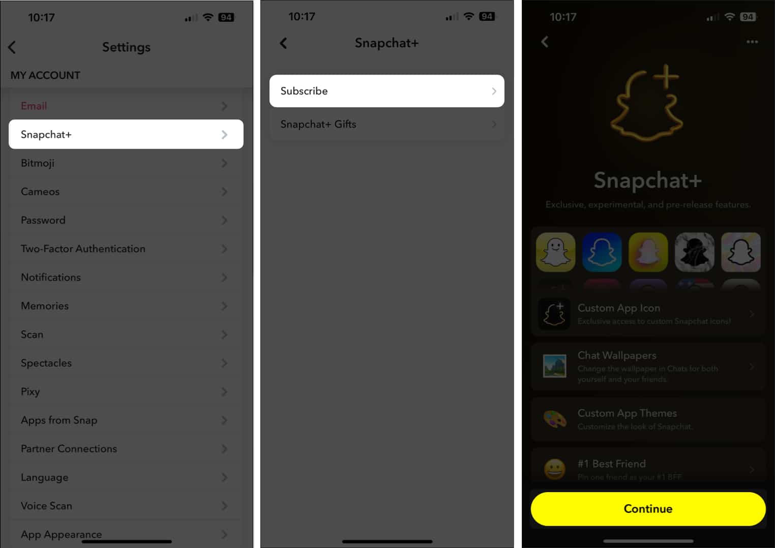 Tap Snapchat Plus, Subscribe, Continue