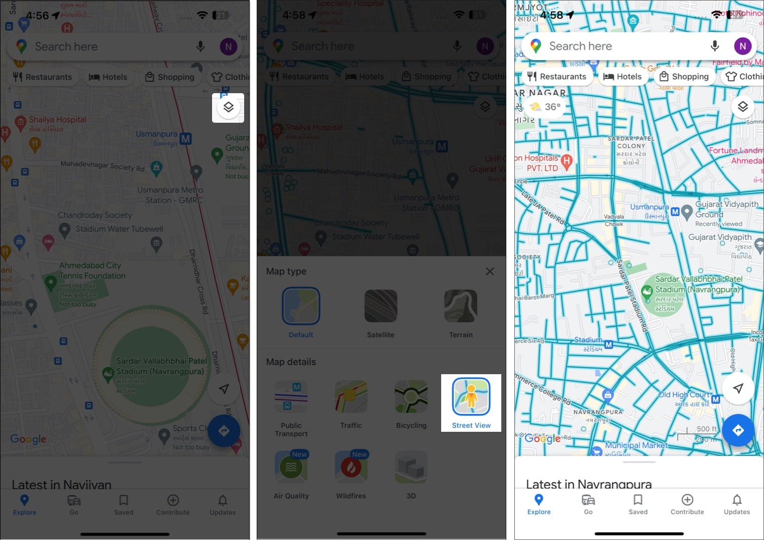 Tap layers, access street view in the google maps