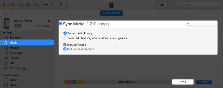 Sync Music checkbox to start syncing music.