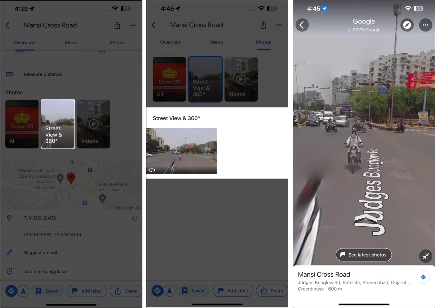 Tap street view and 360, select the street view option, in the google maps