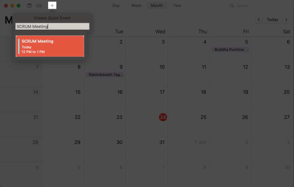 Tap the + icon, Enter the Title of event in Calendar on Mac