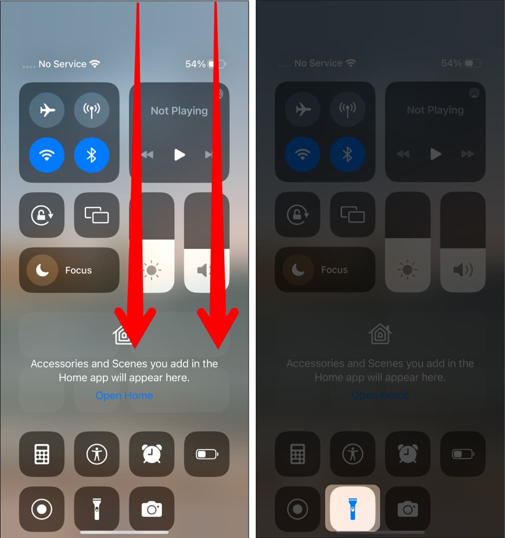 Turn on or off flashlight from control center