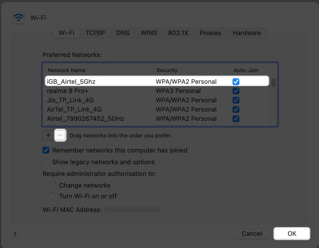 select the network, click minus, ok in network settings