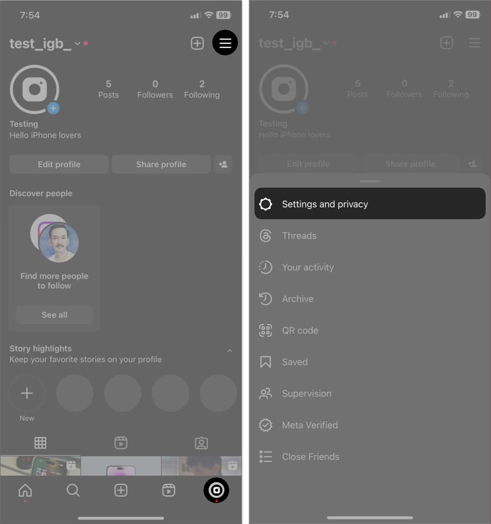 tap profile, hamburger menu, select settings and privacy in instagram