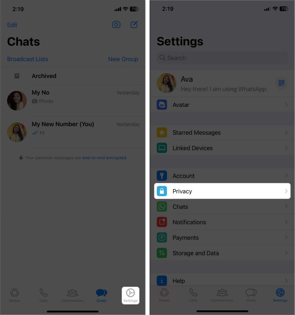 tap settings, select privacy in whatsapp