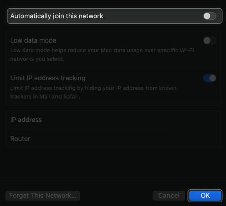 toggle off automatically join this network, click ok in system settings