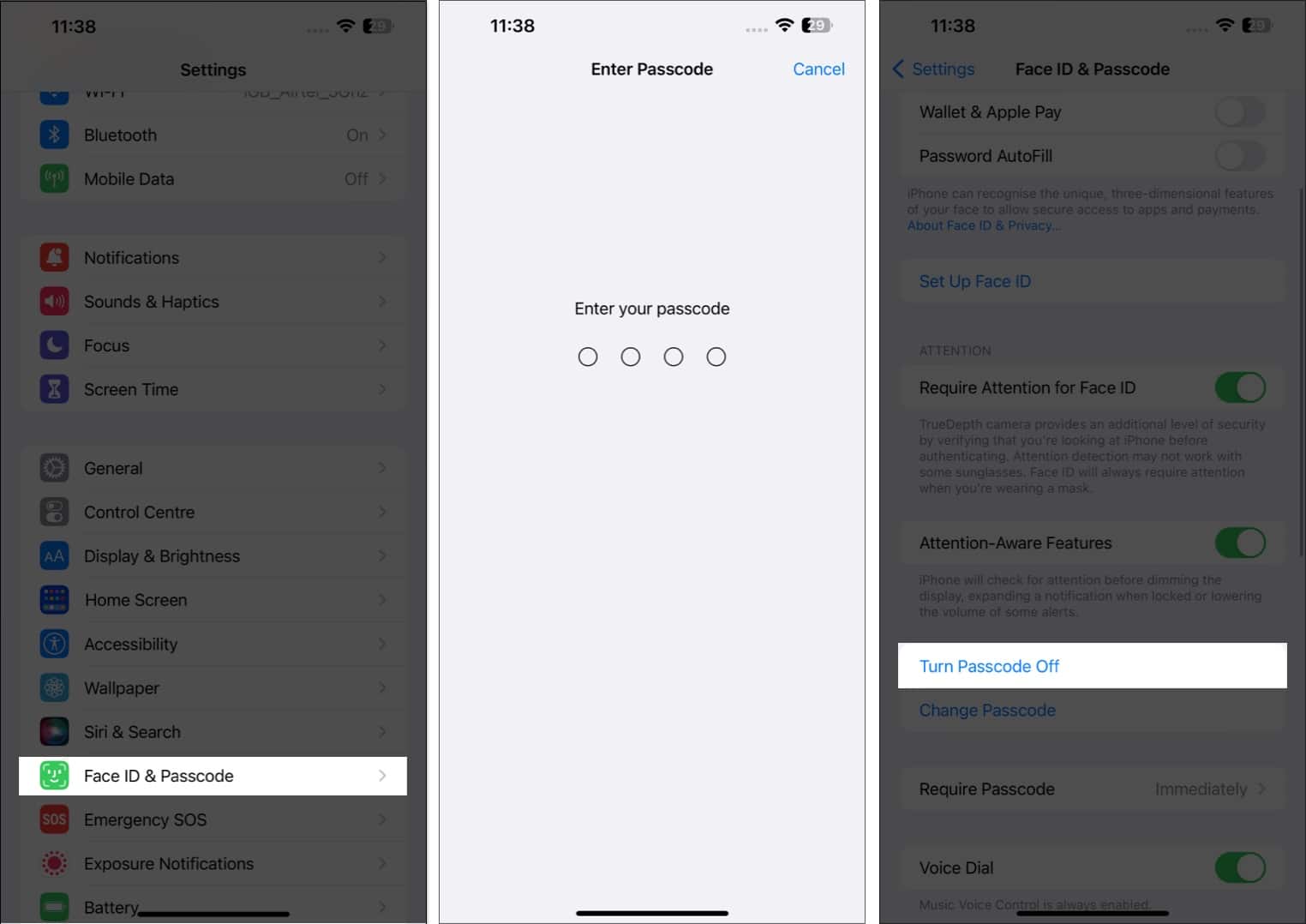 Access face ID and Passcode, enter device passcode, choose turn passcode off in settings app