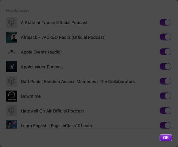 Click OK in Podcast notifications