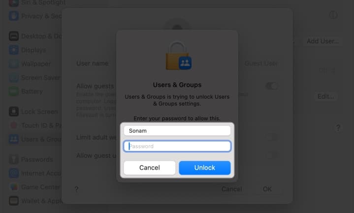 Enter Mac's password and click Unlock